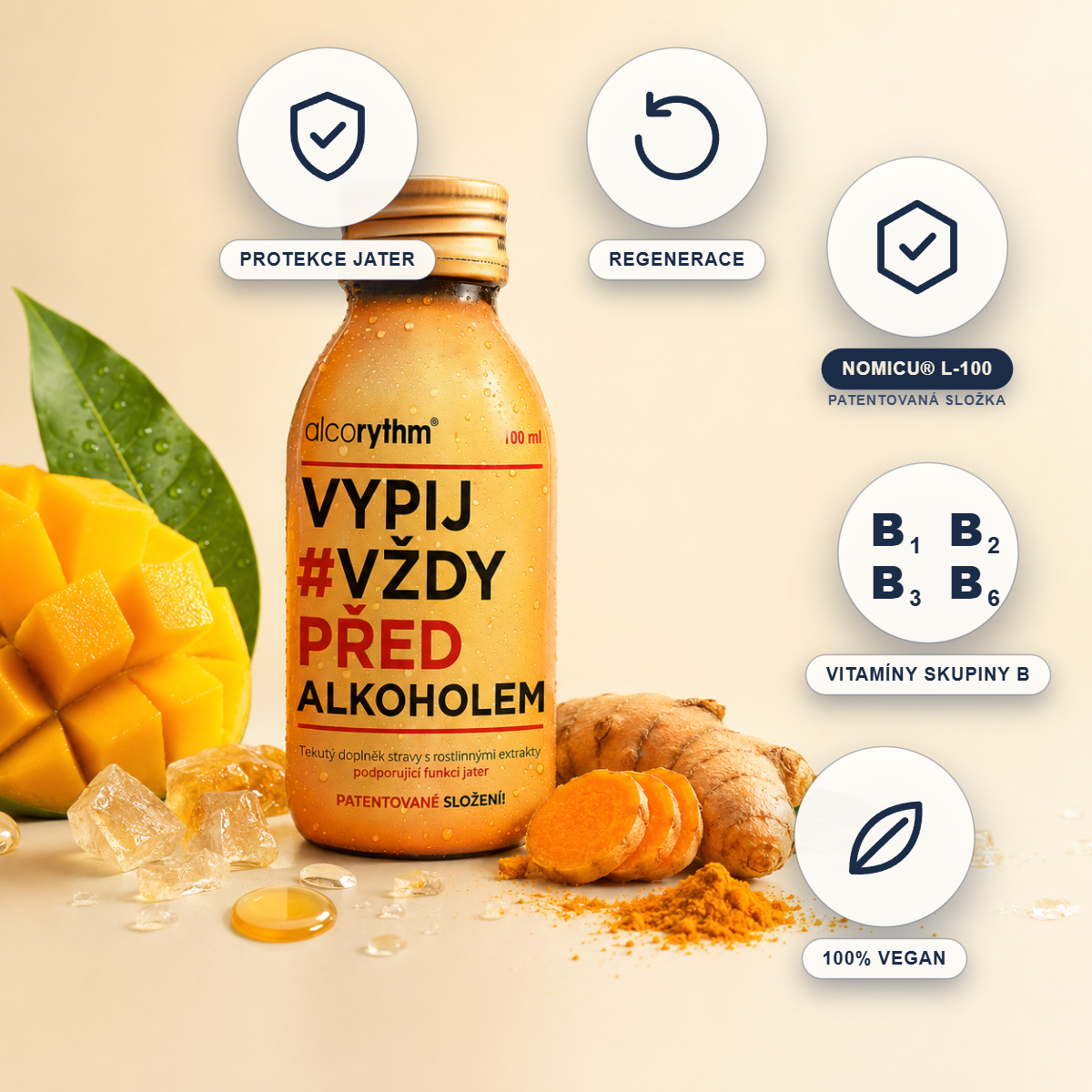 Lahvička alcorythm® s mangem a kurkumou - NOMICU® L-100, vitaminy B, 100% vegan
