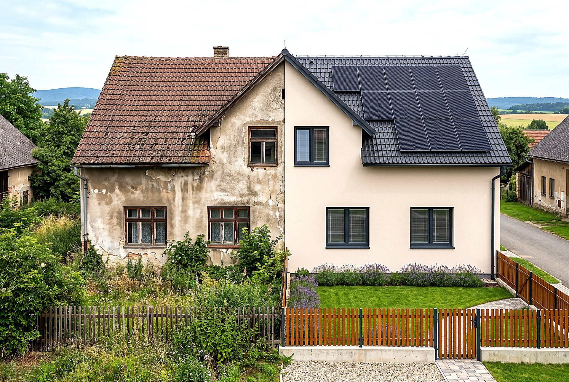 Starší rodinný dům před rekonstrukcí a po komplexní renovaci s fotovoltaikou